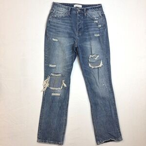 Flying Monkey Distressed High Rise Straight Leg Jeans Medium Wash Button Fly 27